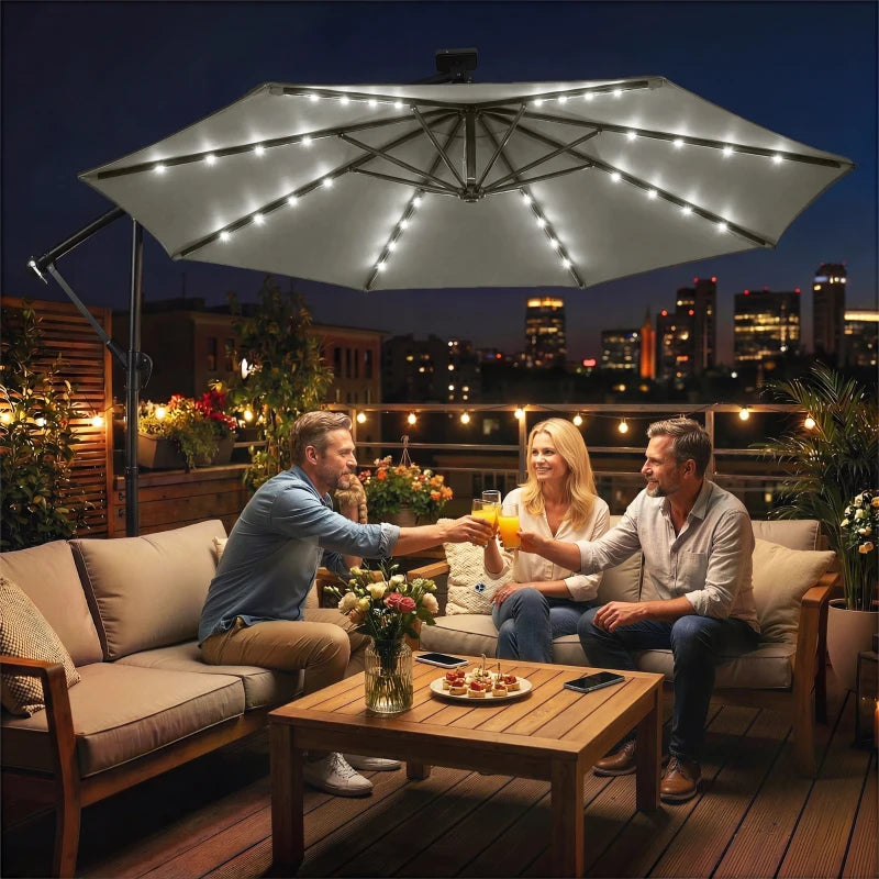 Parasol déporté de 2,95 m avec éclairage solaire, housse de protection, inclinable et à manivelle, gris