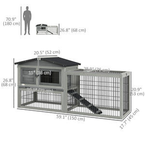 Wooden hutch with ramp, opening roof, and pull-out tray, light gray