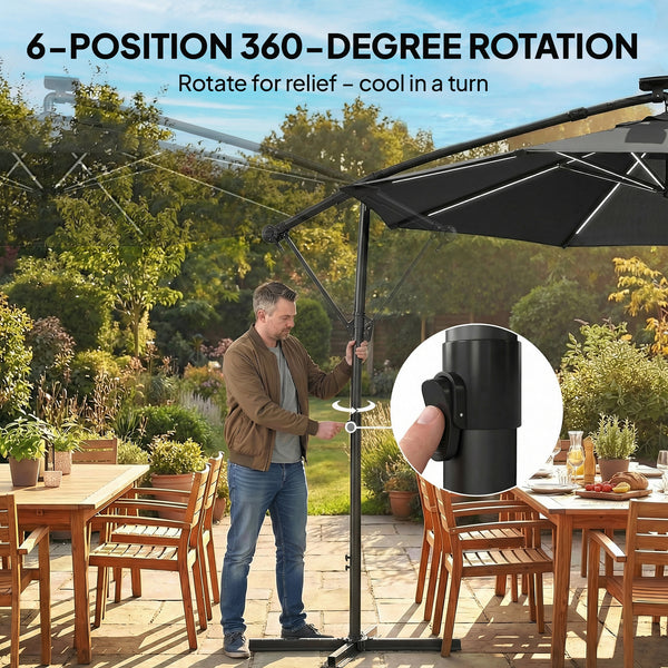 Parasol déporté de 3 m avec éclairage solaire avec rotation à 360°, inclinaison et housse de protection, noir