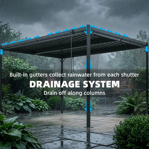 Pergola à lames orientables 10 x 13, toit en acier et rideaux,  gouttières de drainage, grise