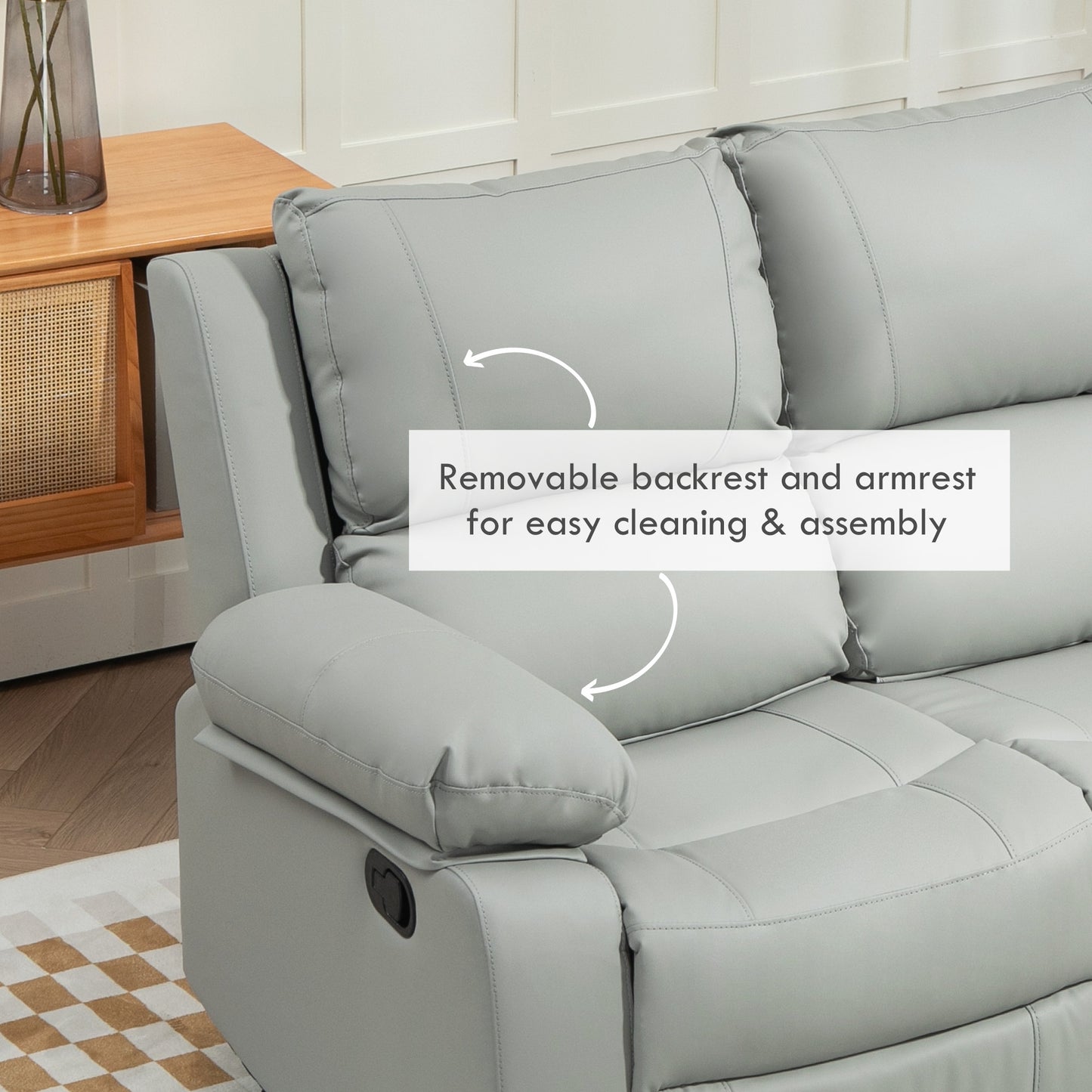HOMCOM Manual Recliner Sofa, Faux Leather Double Reclining Loveseat with Retractable Footrest for Living Room, Light Grey