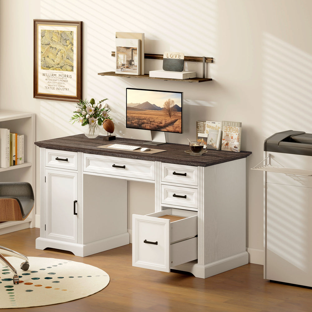 Country-style desk with soft-close drawers, white