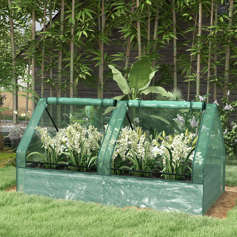 Raised metal planter with integrated mini-greenhouse