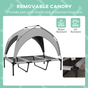 Elevated dog bed with breathable mesh canopy, light gray