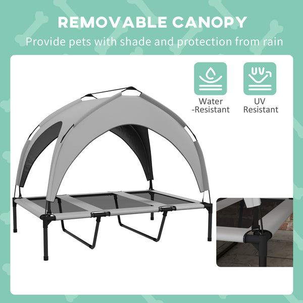 Elevated dog bed with breathable mesh canopy, light gray