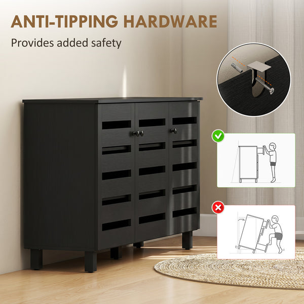 Shoe Cabinet with 3 Slatted Doors, 3-Tier Shelving Rack Cabinet with Adjustable Shelves for 15 Pairs of Shoes, Black