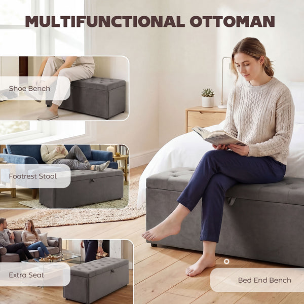 Banc ottoman avec rangement de 141 L, assise capitonnée en velours et couvercle relevable – Gris