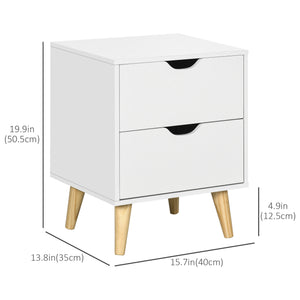 Table de chevet moderne avec 2 tiroirs et pieds en pin, blanche
