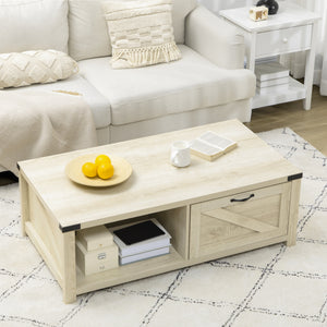 Table basse industrielle avec tiroir en chêne blanc