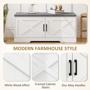 Banc d’entrée avec rangement pour chaussures, tablettes ajustables et coussin – Blanc et gris