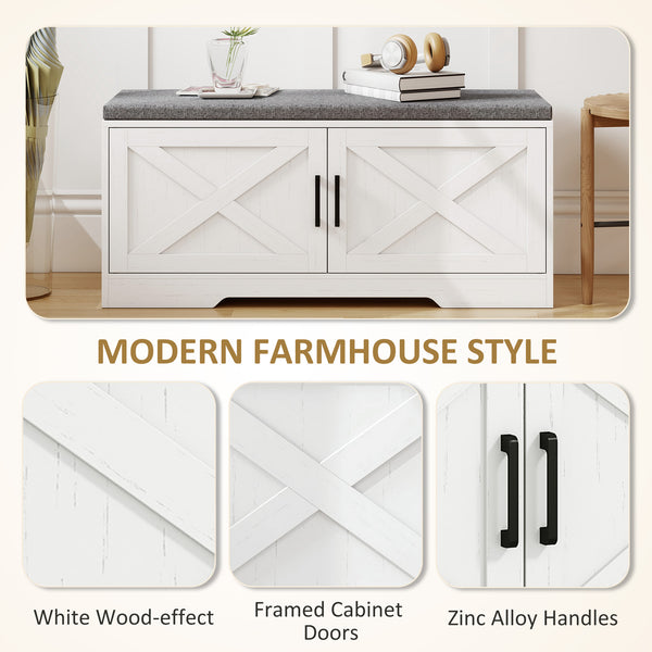 Banc d’entrée avec rangement pour chaussures, tablettes ajustables et coussin – Blanc et gris