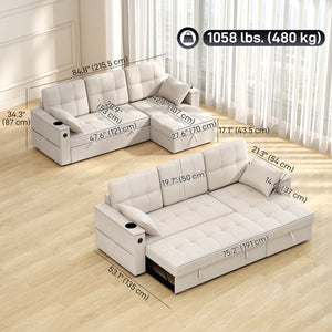 Convertible Sectional Sofa Bed, Pull Out Sleeper Sofa Couch with USB‑A+C, Chaise Storage, L-Shaped Futon Couch, Beige