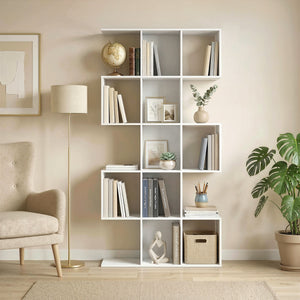Bibliothèque à 5 niveaux géométrique en forme de S avec 15 compartiments, aspect bois blanc