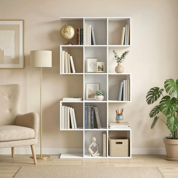 Bibliothèque à 5 niveaux géométrique en forme de S avec 15 compartiments, aspect bois blanc