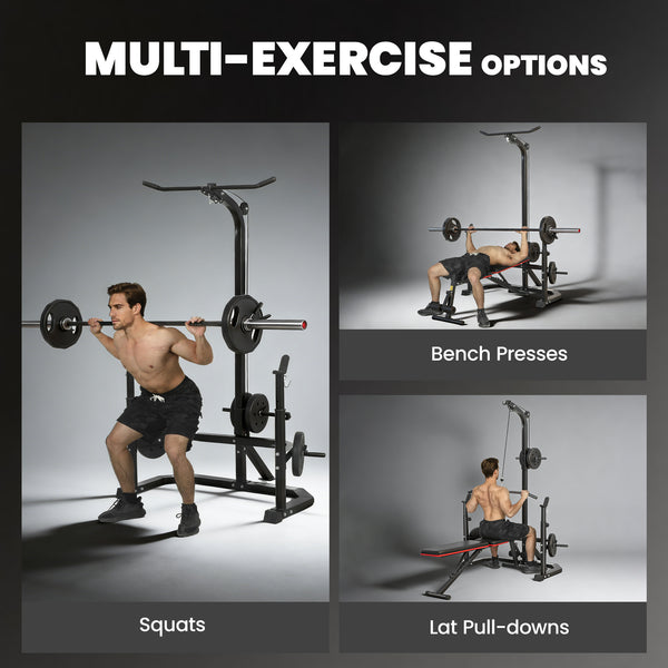 Soozier Cable Machine, Multi-Function Bench Press Rack with Weight Plate Holders, Lat-Pull Down System, Black