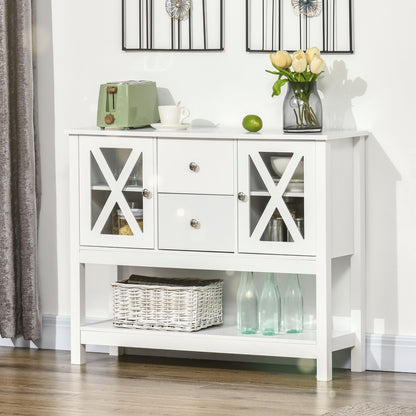 Meuble buffet à portes vitrées avec tiroirs de rangement et étagères réglables, table console pour salon, cuisine, entrée, blanc