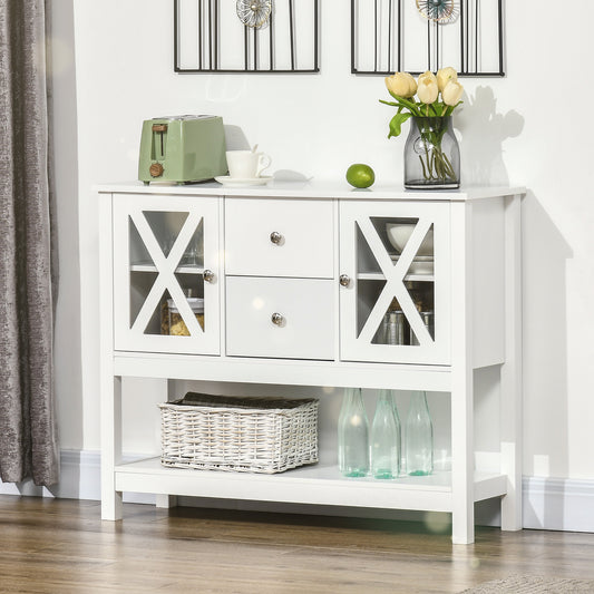 Meuble buffet à portes vitrées avec tiroirs de rangement et étagères réglables, table console pour salon, cuisine, entrée, blanc