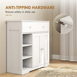 Bathroom Floor Cabinet, Freestanding Bathroom Cabinet with Drawer, Door, Open Shelves, White