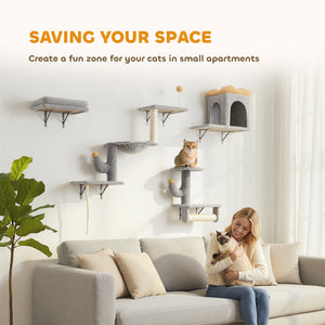 Mur d'escalade pour chats avec griffoirs, niche, hamac et perchoirs, gris clair