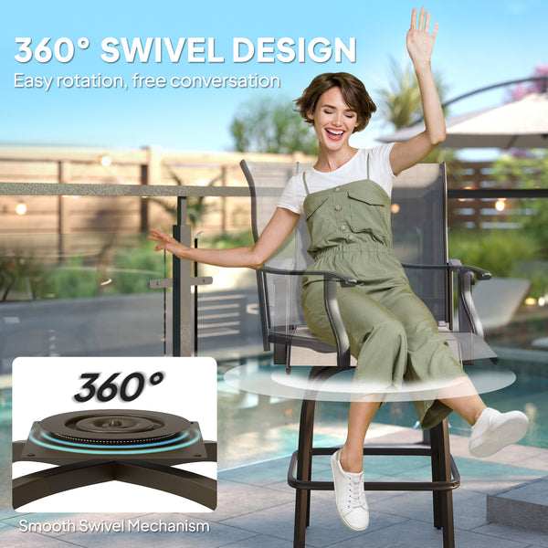 Outdoor Bar Stools Set of 2, Swivel Bar Height Chairs with High Back, Curved Armrests and Steel Frame, Light Grey