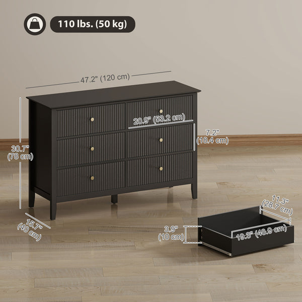 Modern double chest of drawers with 6 drawers for bedroom, living room, hallway, black