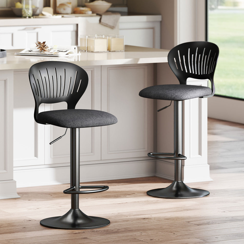 Set of 2 Modern Swivel Counter Height Bar Stools with Footrest and Hollow Backrest, Black