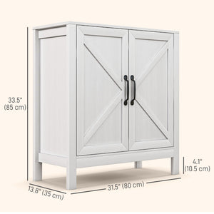Buffet de cuisine avec porte coulissante de style grange et étagères réglables, aspect bois blanc.