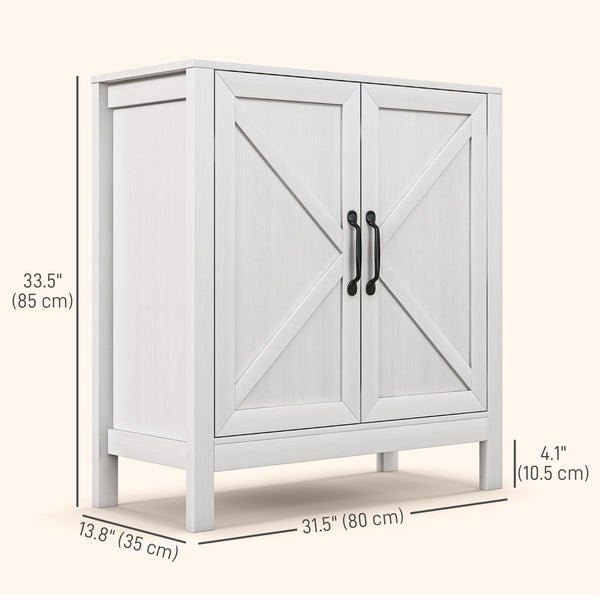 Buffet de cuisine avec porte coulissante de style grange et étagères réglables, aspect bois blanc.