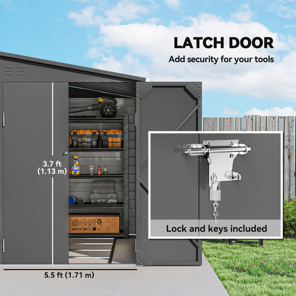 Lean-to steel garden shed with foundation kit, lockable doors and 2 vents, dark grey