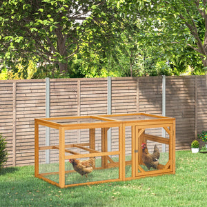 Outdoor wooden chicken coop extension with perches
