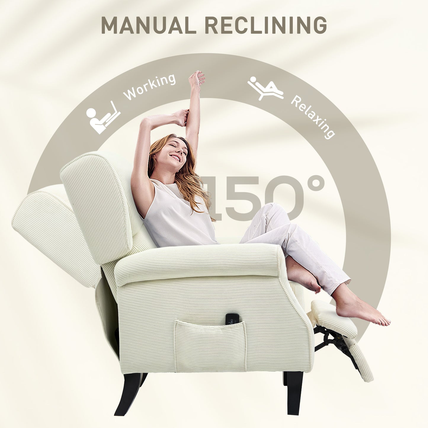 Fauteuil inclinable à dossier relevable avec massage par vibrations, repose-pieds extensible, télécommande, couleur crème