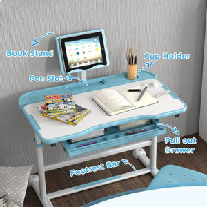 Ensemble bureau et chaise pour enfants à hauteur réglable avec plateau inclinable, bleu
