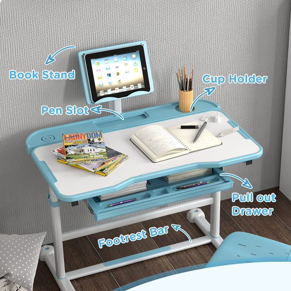 Ensemble bureau et chaise pour enfants à hauteur réglable avec plateau inclinable, bleu