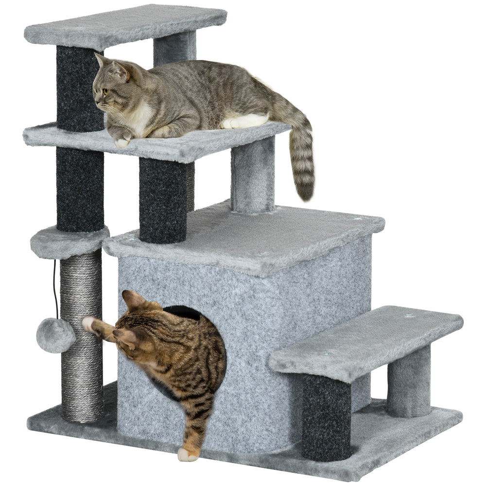 Cat stairs with scratching posts and ball toy, grey