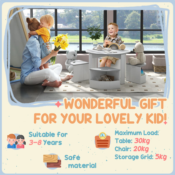 Ensemble table et chaises pour enfants 5 pièces avec rangement, gris