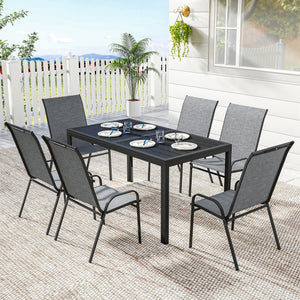 6-seater outdoor dining set, mesh stacking chairs with parasol hole, grey