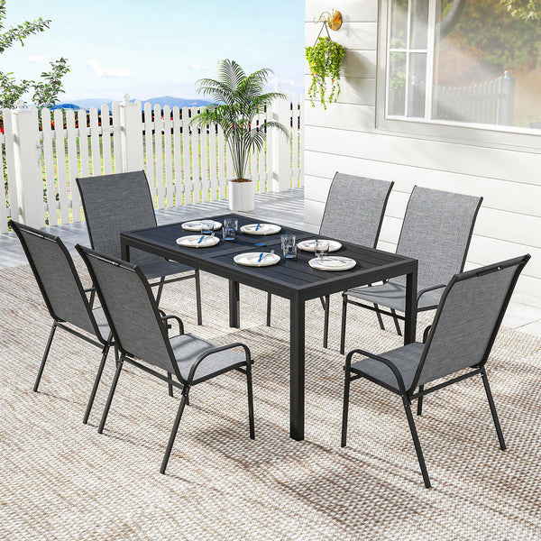 6-seater outdoor dining set, mesh stacking chairs with parasol hole, grey