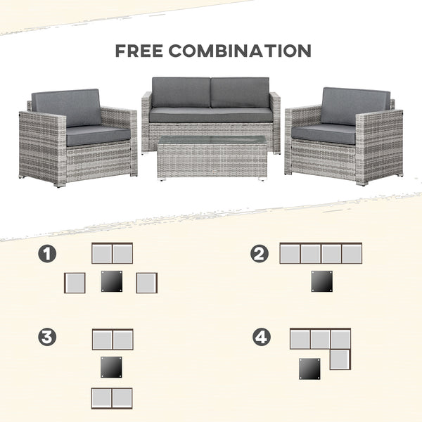 4 Pieces Patio Wicker Sofa Set, Outdoor PE Rattan Extra Wide Seat Conversation Furniture w/ Tempered Glass Table-top & Thick Padded Cushion for Garden, Backyard, Lawn, Mixed Grey