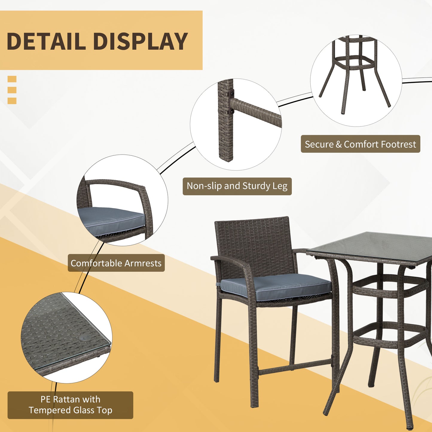 Outsunny 3 Pieces Patio Bar Set Wicker Garden Bistro Set Outdoor Furniture PE Rattan Table and Stools with Seat Cushion, Gray |