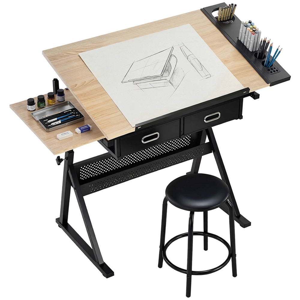Table à dessin réglable avec tabouret et tiroirs de rangement pour la peinture, chêne