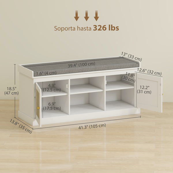 Banc à chaussures avec coussin rembourré, étagères réglables, peut contenir 9 paires, blanc