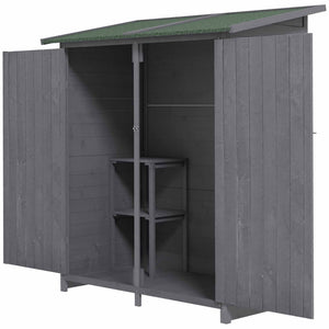 Abri de jardin avec toit en asphalte, double porte en bois, étagère, vert et gris