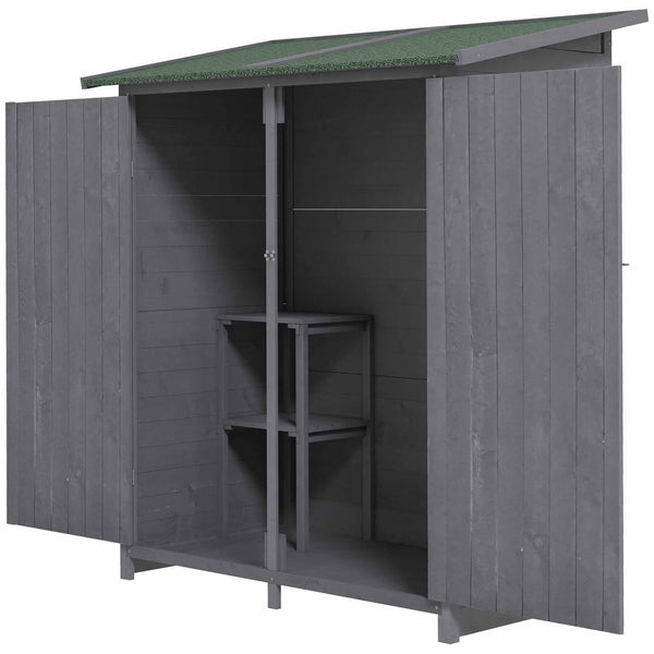 Abri de jardin avec toit en asphalte, double porte en bois, étagère, vert et gris
