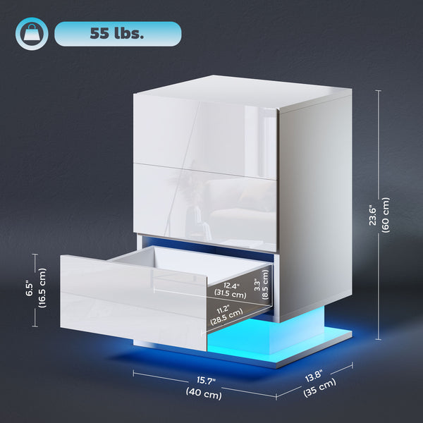 Table de chevet moderne avec éclairage LED RGB et 3 tiroirs – Blanc