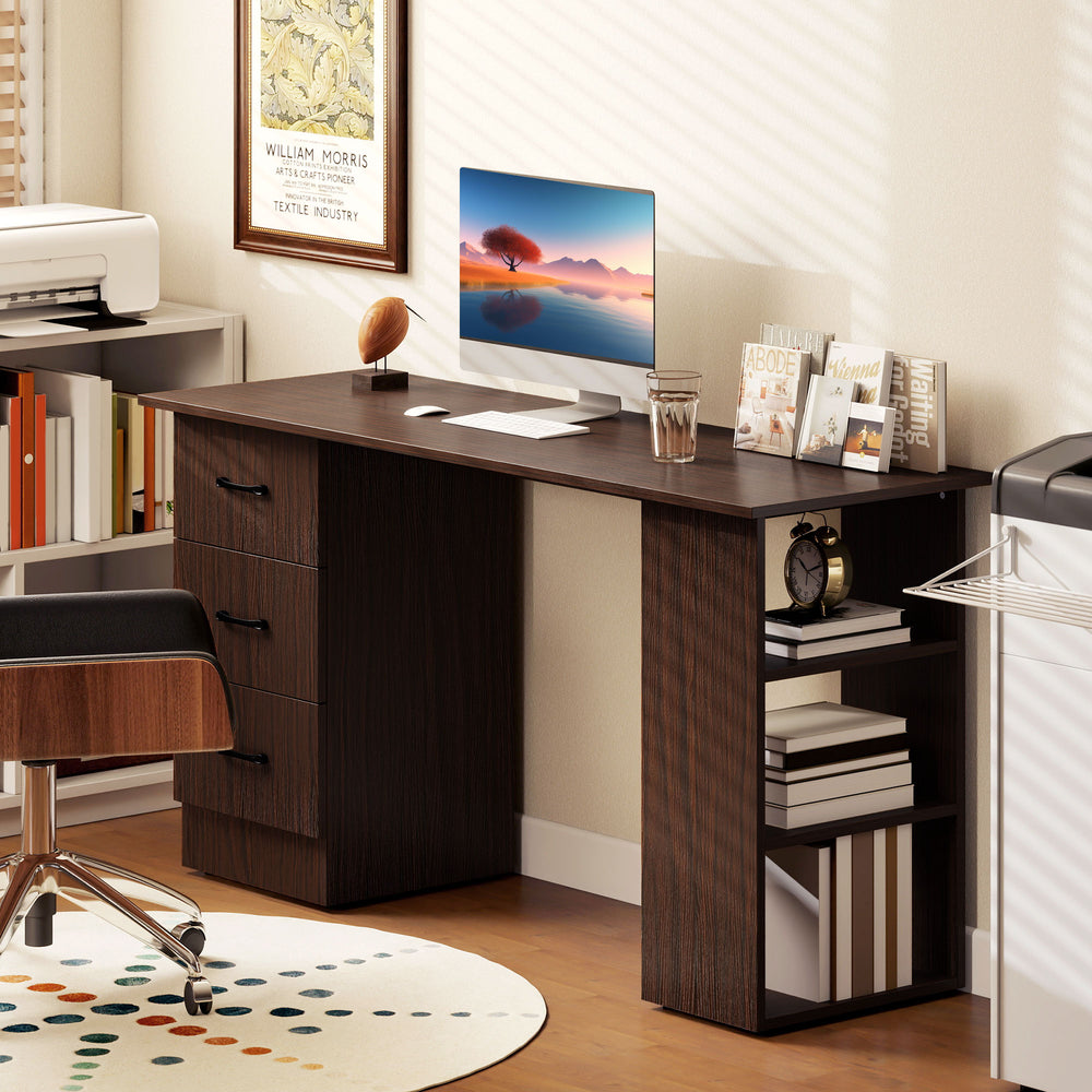 Computer desk with 3 shelves and 3 reversible drawers, walnut