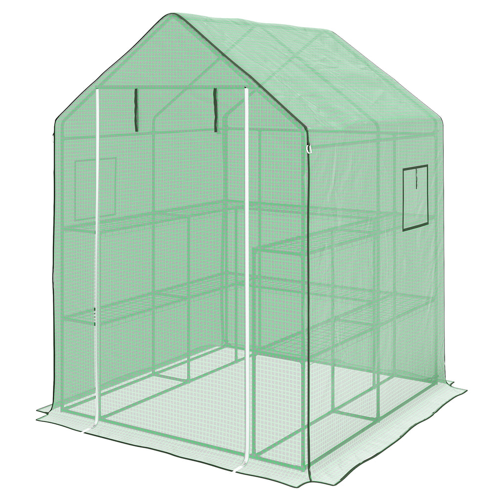 Small outdoor greenhouse with 2-tier U-shaped flower shelves