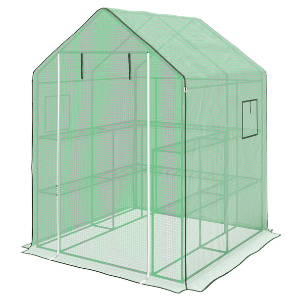 Small outdoor greenhouse with 2-tier U-shaped flower shelves
