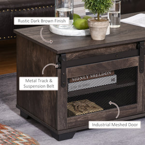 Table basse de style campagnard avec porte coulissante en maille, marron foncé
