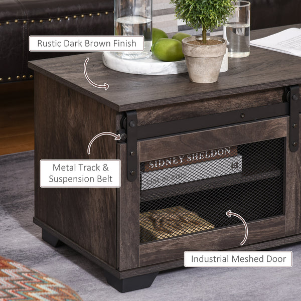 Table basse de style campagnard avec porte coulissante en maille, marron foncé