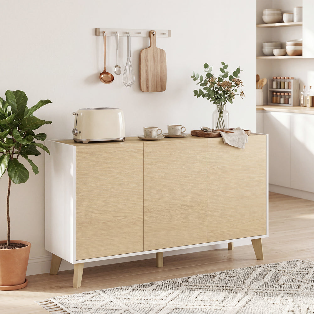 Buffet de rangement moderne avec 6 compartiments, portes à fermeture douce, aspect bois naturel